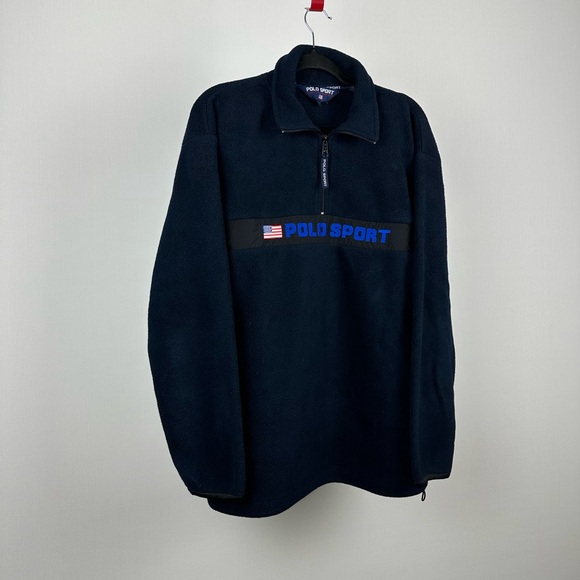 Vintage Polo Sport Ralph Lauren 1/4 Zip Fleece Big Logo USA Flag Size XL Navy - Picture 2 of 10